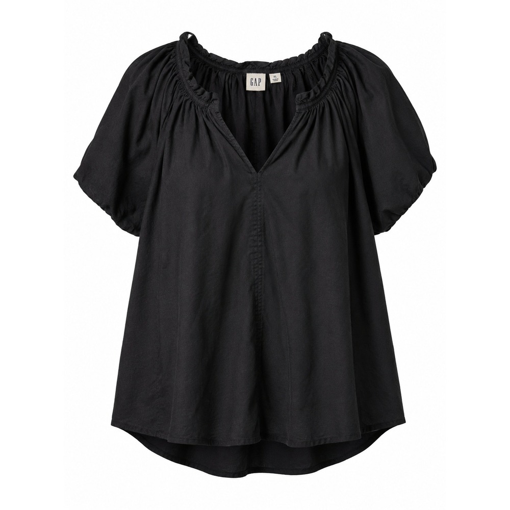 Gap Womens XL Black Cotton Puff Sleeve Ruffle V-Neck Peasant Blouse Top